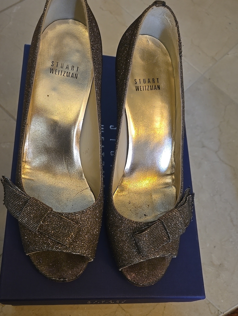 Stuart Weitzman Metallic Gold Peep-Toe Bow Pumps